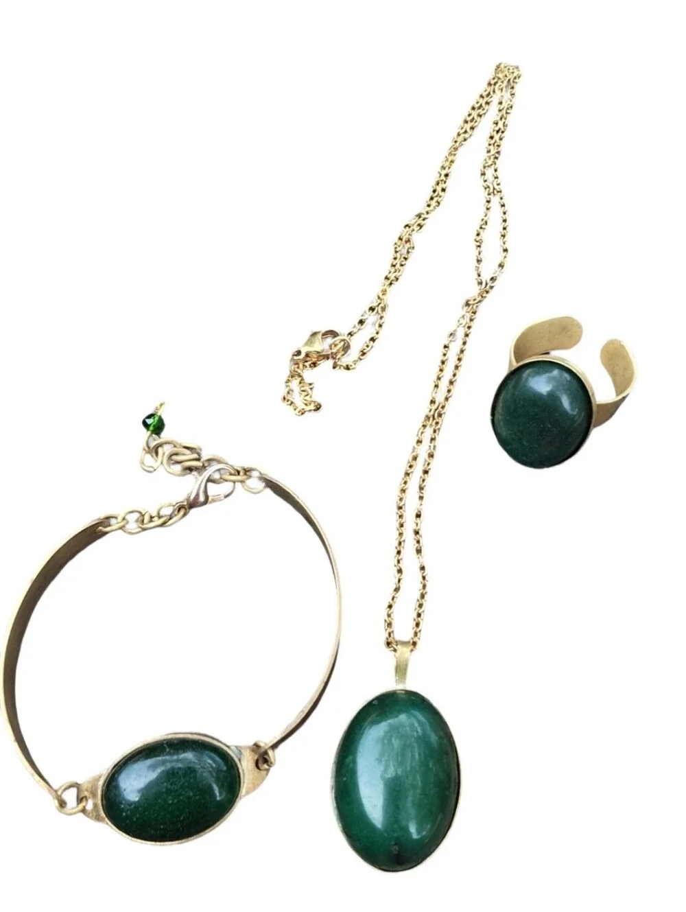 Vintage Green Aventurine Gemstone Jewelry Set Gold Tone Necklace Ring Bracelet